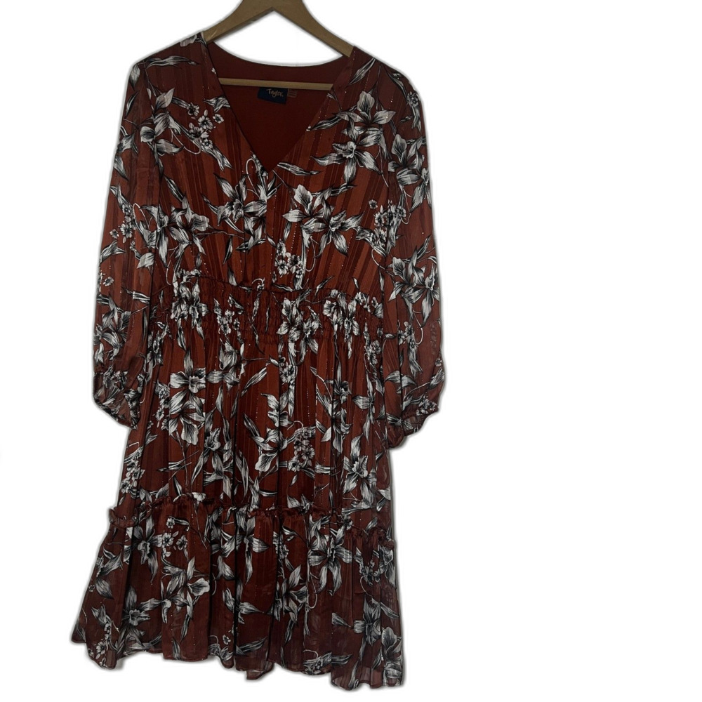 Just... Taylor Brown and White Tiered Floral Long Sleeve Midi Dress Sz14